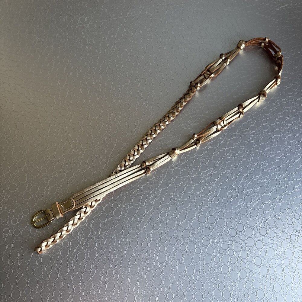 Vintage Rose Gold Leather Braided Belt Macrame Artisan Skinny Boho Metallic - M